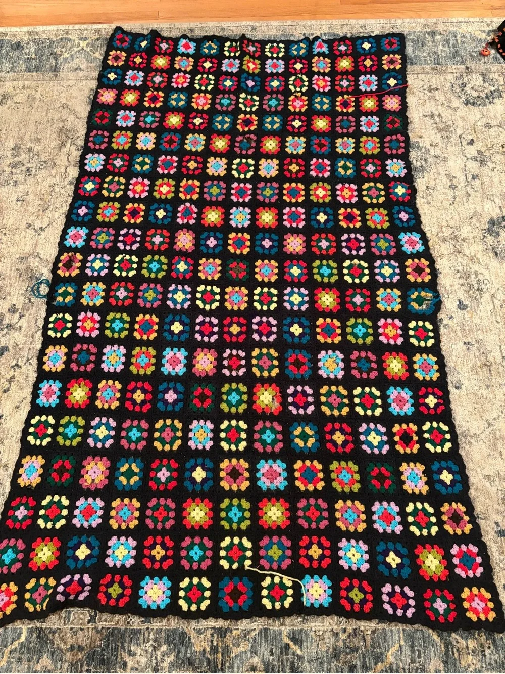 Vintage Granny Square Afghan Hand Crochet Multi-Color Black Blanket 81x51” Twin?